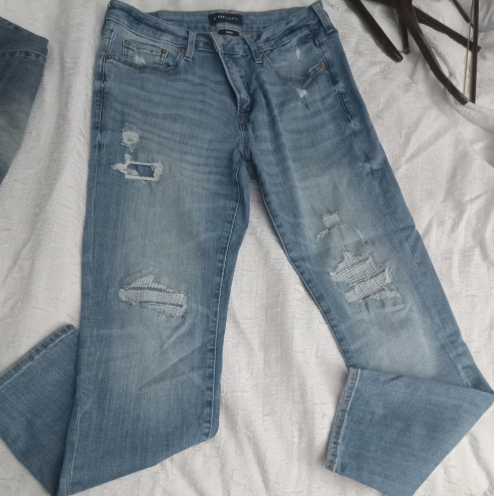 Areopostale Men Jeans Size 32 X 30 Blue Slim Straight Blasted Destressed Demin